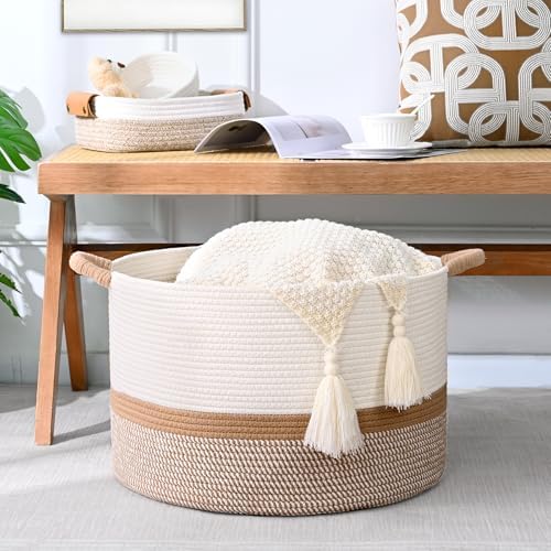 67L Large Blanket Basket, 20"x13" Woven Storage Baskets With Handle, Cotton Rope Blanket Basket Living Room, Baby Laundry hamper for Blanket, Nursery, Toy, Pillow (White & Brown) - Image 4