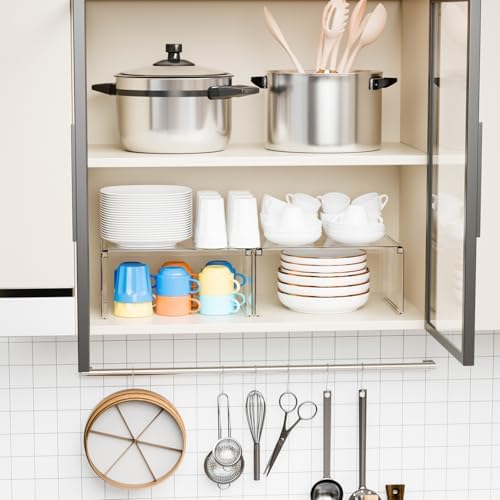 Yieach 2 Pack Acrylic Cabinet Organizer,2 Tier Stackable Shelves for Cabinets,RV Pantry Organization,Counter Space Saver Desk Organizers,Cupboard Shelf and Cabinet Stand & Risers for Mug,Cup,Dish - Image 2