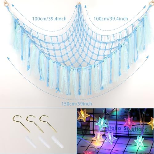Stuffed Animal Hammock with LED Lights - 59 Inch Large Toy Storage Net for Kids Bedroom, Wall-Mounted Plush Organizer with Wooden Rings, Nursery Decor (Handwoven, Blue) - Image 2
