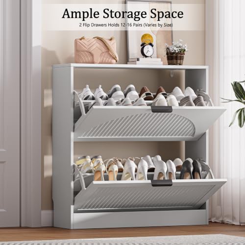 Fluted Shoe Storage Cabinet for Entryway, 2 Flip Drawers, White - Image 3