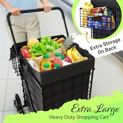 Our Modern Space Stairs Climbing Shopping Cart w/Waterproof Basket Liner & 360° Swivel Wheels | Foldable Collapsible & Lightweight | Perfect for Groceries Laundry Utility Cart - Black - Image 4