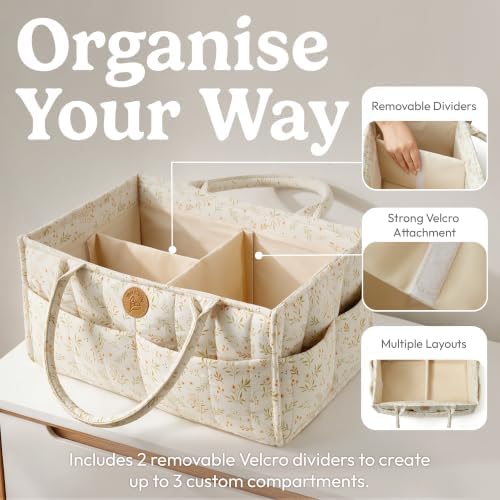 Floral Diaper Caddy Organizer - Portable Diaper Caddy with Handles & Removable Dividers - Large & Quilted Nursery Storage Basket for Girls - Woodland Nursery Decor & Wildflower Gift for Baby Shower - Image 6