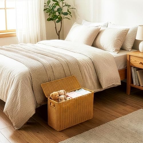 Pumtus Woven Storage Basket with Lid, 3 Gallon Decorative Plastic Organizer Box with Handle, Rectangle Narrow Tall Trash Can Toilet Paper Holder, Household Container Bin for Wardrobe, Magazines, Toys - Image 7