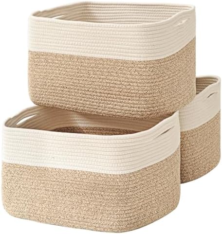 ICERZCZ Large Storage Baskets for Organizing Shelves, Woven Cotton Rope Bins for Baby Nursery Organization, Book Toy Towel Organizer, 17"x13"x9.5", 3 Packs, Off White & Brown by ICERZCZ