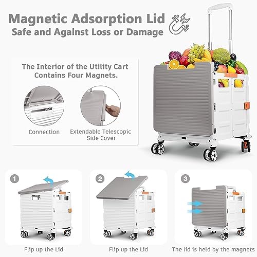 Foldable Utility Cart Collapsible Portable Crate Rolling Carts with Wheels Tote Basket with Magnetic Lid Telescopic Cover Wear-Resistant 360°Rotate Wheel Noiseless for Shopping Storage Office Use - Image 3