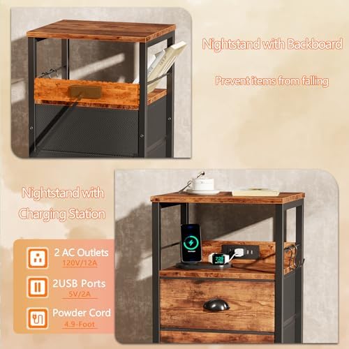 Furologee Nightstand with Charging Station for Dorm, 2 Fabric Drawers - Image 5