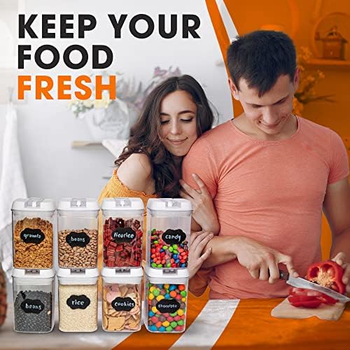 Set of 8 Airtight Food Storage Containers - Pantry Organizer Bins, BPA Free Plastic Containers plus Dry Erase Marker and Labels, White - Image 2