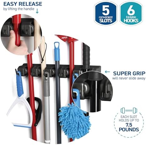 HOME IT Mop and Broom Holder Wall Mount Hanger, Heavy Duty, 5 Slots 4 Hooks - Image 7