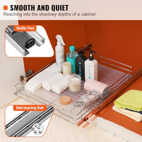 VEVOR 21.5" Wx21 Dx3.5 H Pull Out Cabinet Organizer, Heavy Duty Slide Out Pantry Shelves, Chrome-Plated Steel Roll Out Drawers, Storage for Home, Under Sink, 23" Wx22 Dx7 H Install Size for Cabinet - Image 3