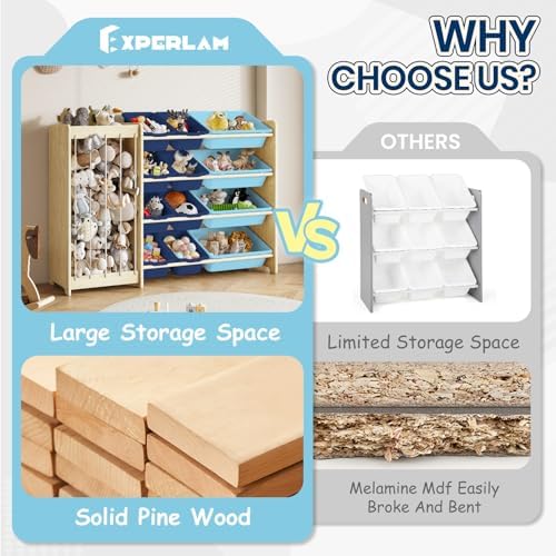 EXPERLAM Kids Toy Storage Organizer, 2-in-1 Stuffed Animal Storage & Toy Organizer w/12 Bins, Solid Wood Toy Rack Featuring Thicker Elastic Ropes, Playroom Nursery Bedroom Storage, Blue - Image 6