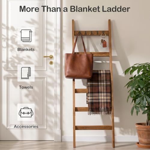TEAKMAMA 6-Tier 5.4ft Blanket Ladder with Hooks Farmhouse Honey Brown - Image 5