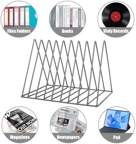 EASEPRES Vinyl Record Holder Storage, 9 Slot Metal Magazine Book Album Display Rack, Stylish Triangle Desktop File Sorter Organizer for Home Office, Grey - Image 4