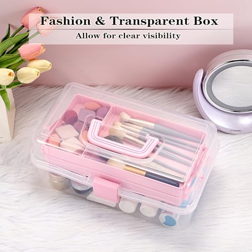 BTSKY 3-Layer Clear Plastic Dividing Storage Box Craft Organizer and Storage with Adjustable Spacers Portable Handled Art Supply Organizer Multipurpose Home Utility Box Sewing Organizers (Pink) - Image 4