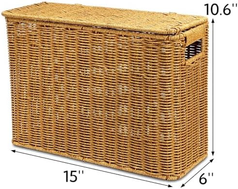 Pumtus Woven Storage Basket with Lid, 3 Gallon Decorative Plastic Organizer Box with Handle, Rectangle Narrow Tall Trash Can Toilet Paper Holder, Household Container Bin for Wardrobe, Magazines, Toys - Image 2