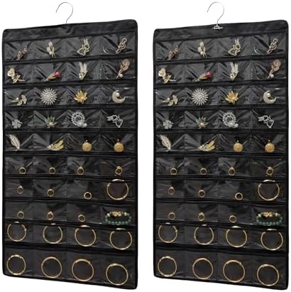 2 PACK (Each Pack 80 Pockets,Total 160 Pockets) Hanging Jewelry Organizer with Hanger Metal Hooks Storage On Wall Door Closet Double-Sided Jewelry Holder for Earrings, Necklaces, Rings (2 Pcs Black) by Unknown