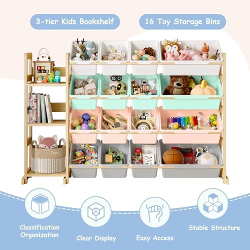 EXPERLAM Toy Storage Organizer, Toy Storage Shelf with 3 Shelves and 16 Storage Bins (12 Small + 4 Large), 3-in-1 Kids Bookshelf for Kids Rooms, Playroom, Nursery, Multi - Image 5