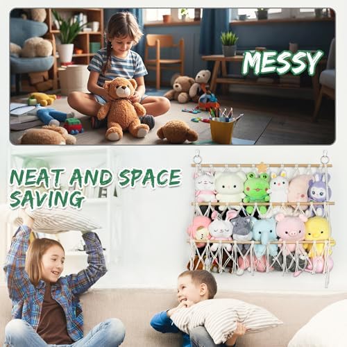 Starry Stuffed Animal Net Hammock Wall Hanging Handmade Boho Macrame Toy Hammock Organizer Holder Display Hanging Plush Toy Net for Corner Wall Stuffed Animal Storage(29.9" H x 31.5" W) - Image 3