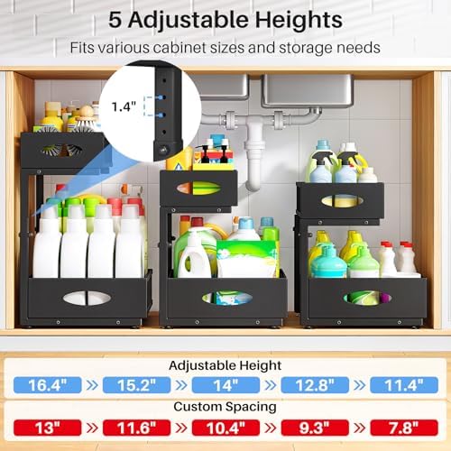 Under Sink Organizer, 2 Pack 2 Tier Pull Out Under Cabinet Organizer Shelf with Pad for Framed Cabinets, Metal Slide Out Under Sink Storage, Mesh Sliding Drawers for Kitchen Bathroom Laundry, Black - Image 6