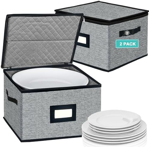 homyfort China Storage Containers - Dinner Plate Storage with Lid, Handles, Hard Shell Dinnerware Protectors for Moving Bowls, Saucer, Padded Protective Storage, 12x12, 2 Pack by homyfort