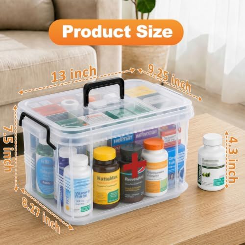 15QT Clear Medicine Organizer Box with Handle, Plastic Dorm Medicine Box with Tray, Empty First Aid Boxes, Thickened Medicine Storage Organizer, Multipurpose Medication Organizer Storage, Clear - Image 2