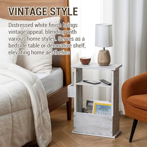 MyGift Wide Side Table, Slim End Sofa Table in Whitewashed Wood with Storage Shelf, Magazine and Remote Holder, Narrow Side Table - Image 5