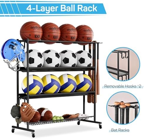 4-Tier Basketball Rack with Wheels, Ball Storage Organizer for Garage - Image 2