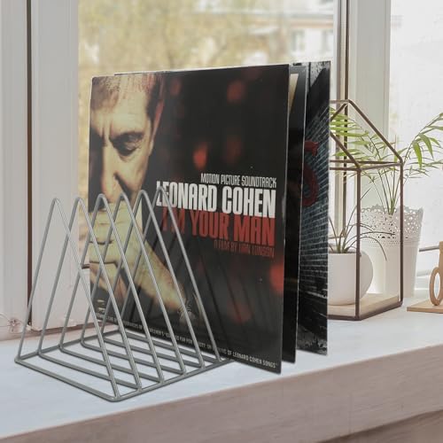 EASEPRES Vinyl Record Holder Storage, 9 Slot Metal Magazine Book Album Display Rack, Stylish Triangle Desktop File Sorter Organizer for Home Office, Grey - Image 7