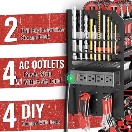Large Power Tool Organizer Wall Mount with Charging Station, 4 Layer Heavy Duty Metal Cordless Tool Organizer, Tool Storage Rack with 8 Cordless Drill Holder Screwdriver Hammer(Black) - Image 4