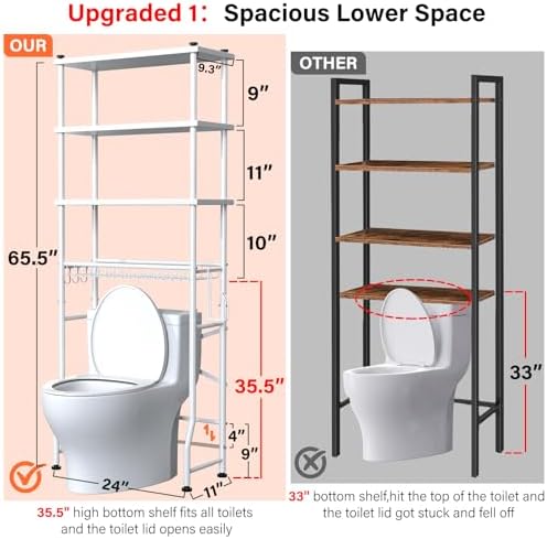 Over the Toilet Storage shelf, 4-Tier Bathroom Organizer Rack, Easy To Install with Adjustable Feet Pad and Basket Freestanding Bathroom Shelves Above Toilet, Space Saver Toilet Storage Cabinet(White) - Image 2