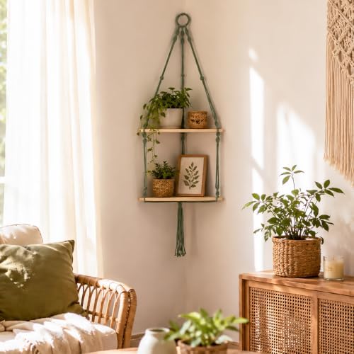 Artilady Corner Shelf Macrame Wall Hanging, Adjust Boho Storage Art, 2 Tier - Image 3