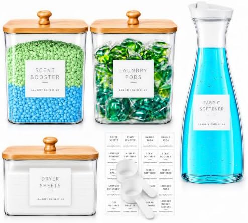 3+1 Pack Laundry Pods Containers & Dryer Sheet Holder & 64 oz Laundry Detergent Dispenser with Pump, Laundry Room Organization and Storage Jars with Lids, Labels and Scoops for Scent Booster, Powder by Unknown