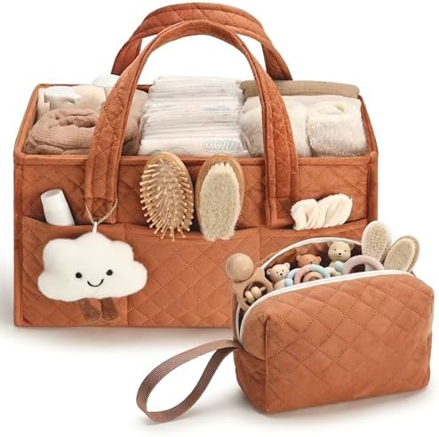 PeraBella Baby Diaper Caddy Organizer, Baby Basket Shower Gift, Portable Changing Table Basket, Postpartum Caddy & Tote Bag Pouch, Newborn Boy & Girl Nursery Essentials Registry, Car Diaper Organizer by PeraBella