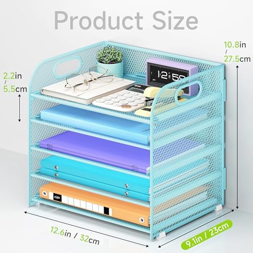 Cawukege 5 Tier Paper Organizer with Handle, Blue Metal Mesh Desk Organizer File Folder Paper Letter Tray Desktop Document Sorter for Classroom, School, Office Accessories Organization and Storage - Image 5
