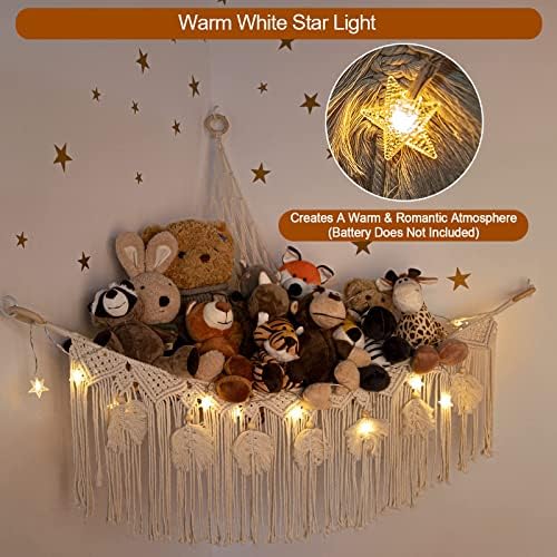 Macrame Stuffed Animal Storage with Star Light, Corner Hammock for Nursery - Image 3