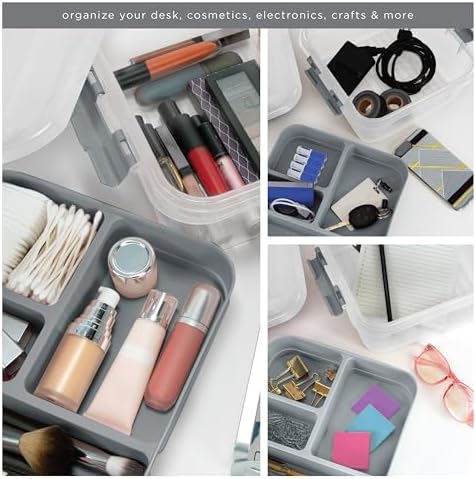 Simplify 5 Compartment Gift Supply Storage Box | 2 Tier Box | Red | Clear Top Lid | Dimensions: 9.5"x 9.5"x 4.5" | Snap Handle| Storage | Wrapping Accessories| Grey - Image 3