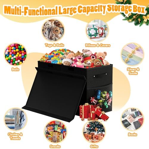 Large Toy Storage Box with Lid, Dividers, Collapsible Kids Toy Chest, Black - Image 3