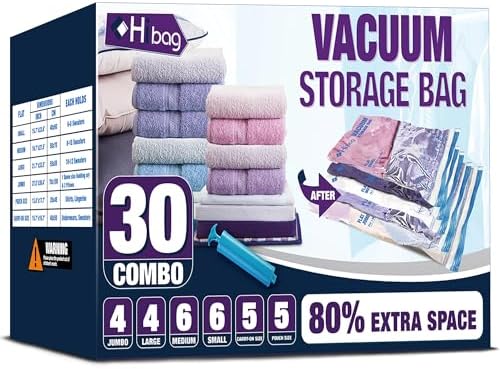30 Combo Vacuum Storage Bags, Vacuum Seal Bags for Clothing and Bedding by HIBAG