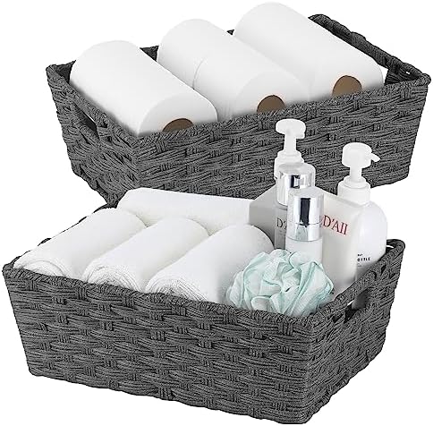 Onlytak Large Wicker Storage Basket, Metal Frame, Set of 2, Washable Waterproof, 15" x 10.3" x 5.2", Dark Grey Color, Woven Basket for Pantry, Toilet, Bathroom, Bedroom, Patio by onlytak