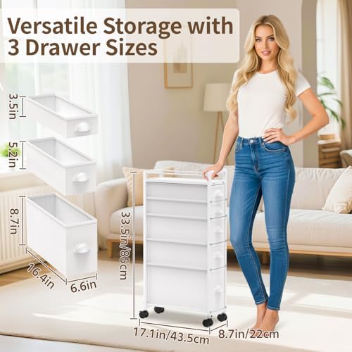 LASZOLA 5 Drawer Narrow Slim Cabinet Skinny Storage Tower Chest, Ideal for Small Spaces, Between Washer and Dryer, Lightweight Mobile on Wheels, Sturdy Fabric Drawers, White - Image 2