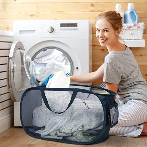 Durable Collapsible Laundry Baskets, Mesh Pop Up Laundry Hamper with Side Pocket, Foldable Clothes Hamper with Reinforced Carry Handles for Laundry, Bathroom, Kids Room, Dorm, Travel 2 Pack Navy Blue - Image 2