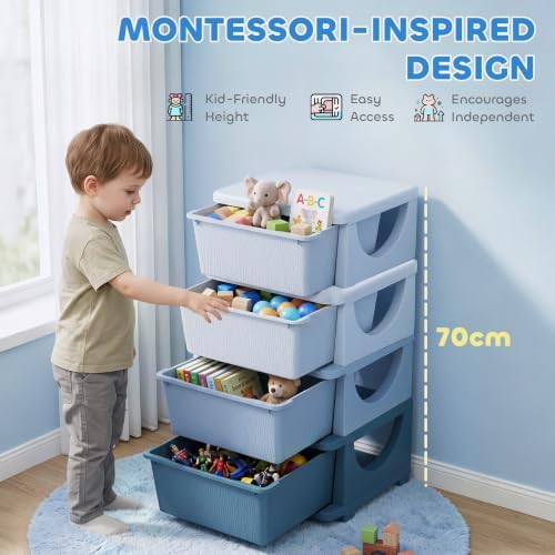 Qaba 4 Drawers Kids Storage Unit 4 Tier Toy Organizers Blue - Image 6