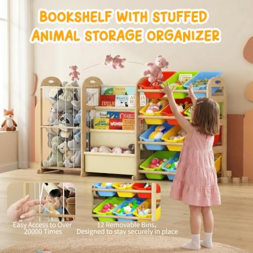 3-in-1 Toy Storage Organizer with Bookshelf, 12 Bins & Kids Plush Storage - Image 6