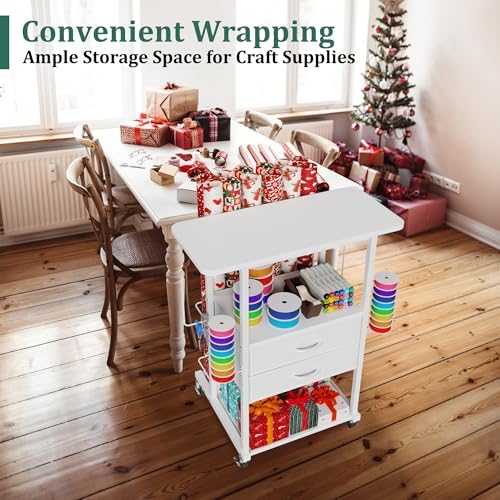 Wrapping Paper Storage Cart with 12 Rolls Wrapping Paper Organizer Holder, Rolling Craft Cart with 2 Fabric Drawer, Gift Wrapping Station with 4 Hooks Storage Ribbons and Gift Bags, Spave Saving - Image 3