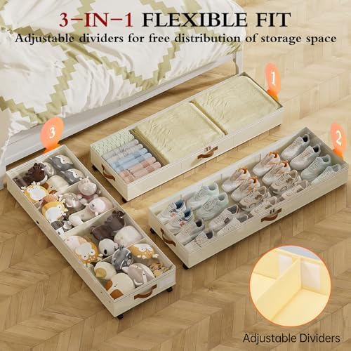 Yecaye 85 L Under Bed Storage with Wheels, 2 Pack Under Bed Storage Containers with Adjustable Dividers & Lids, Large Rolling Underbed Organizer Bins Drawers for Clothes, Shoes, Blankets Toys, Beige - Image 3