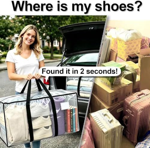 24 GAL Heavy Duty Moving Bags Clear See-Through 6 Pack - Backpack Straps & Handles, Large Zipper Storage Bags for Clothes, Water-Resistant College Dorm & Moving Essentials - Image 2