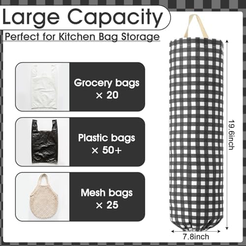 Gingham Plastic Bag Holder for Grocery Bag, Black - Image 2