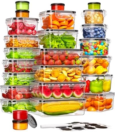 50 Piece Food Storage Containers with Lids(25 Containers & 25 Lids), BPA-Free Plastic Food Containers for Kitchen Storage and Organization, Leak Proof Meal Prep Container, Includes Labels & Pen by Canfanni