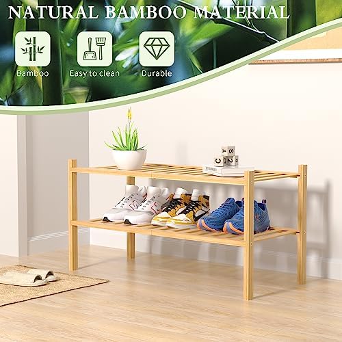 ROMGUAR CRAFT 2 Tier Bamboo Shoe Rack for Closet Free Standing Wood Shoe Shelf for Entryway Small Space Stackable 27"x11"x13" (Natural) - Image 6