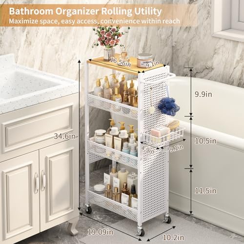 Slim Storage Rolling Cart: 4-Tier Narrow Metal & Wood Utility Cart with Wheels for Kitchen/Laundry/Bathroom(White) - Image 2
