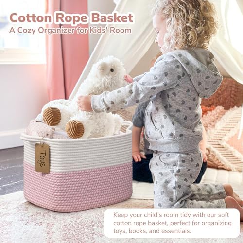 Goodpick Woven Rope Storage Basket for Shelves, Rectangle, Pink & White - Image 2